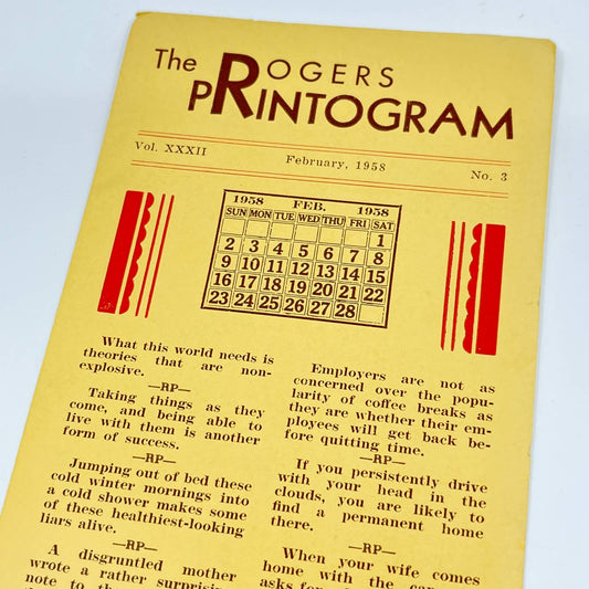 1958 Newsletter Blotter Card Rogers Printogram Rogers Print Plymouth Mass. SC9