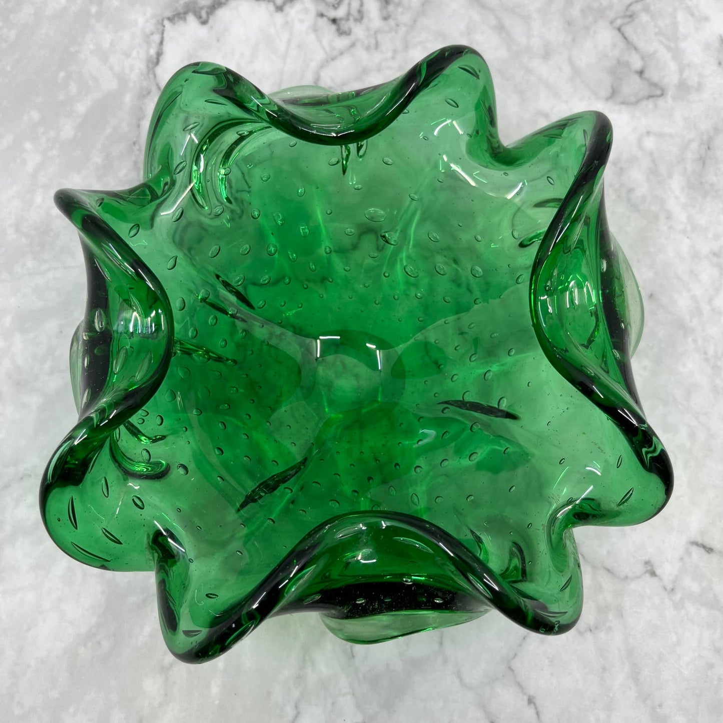 Vintage Emerald Green Swirly Murano Art Glass Bowl Heavy Glass 7" TA2