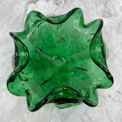 Vintage Emerald Green Swirly Murano Art Glass Bowl Heavy Glass 7" TA2