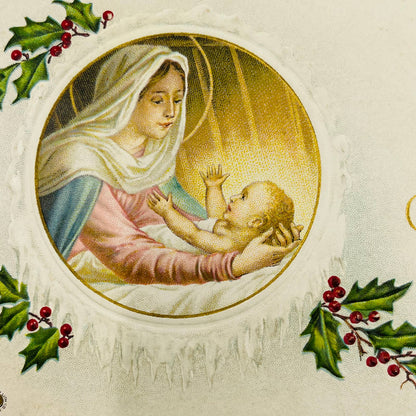 1910s Christmas Post Card Mary Baby Jesus Holly Snow Gilt PA4