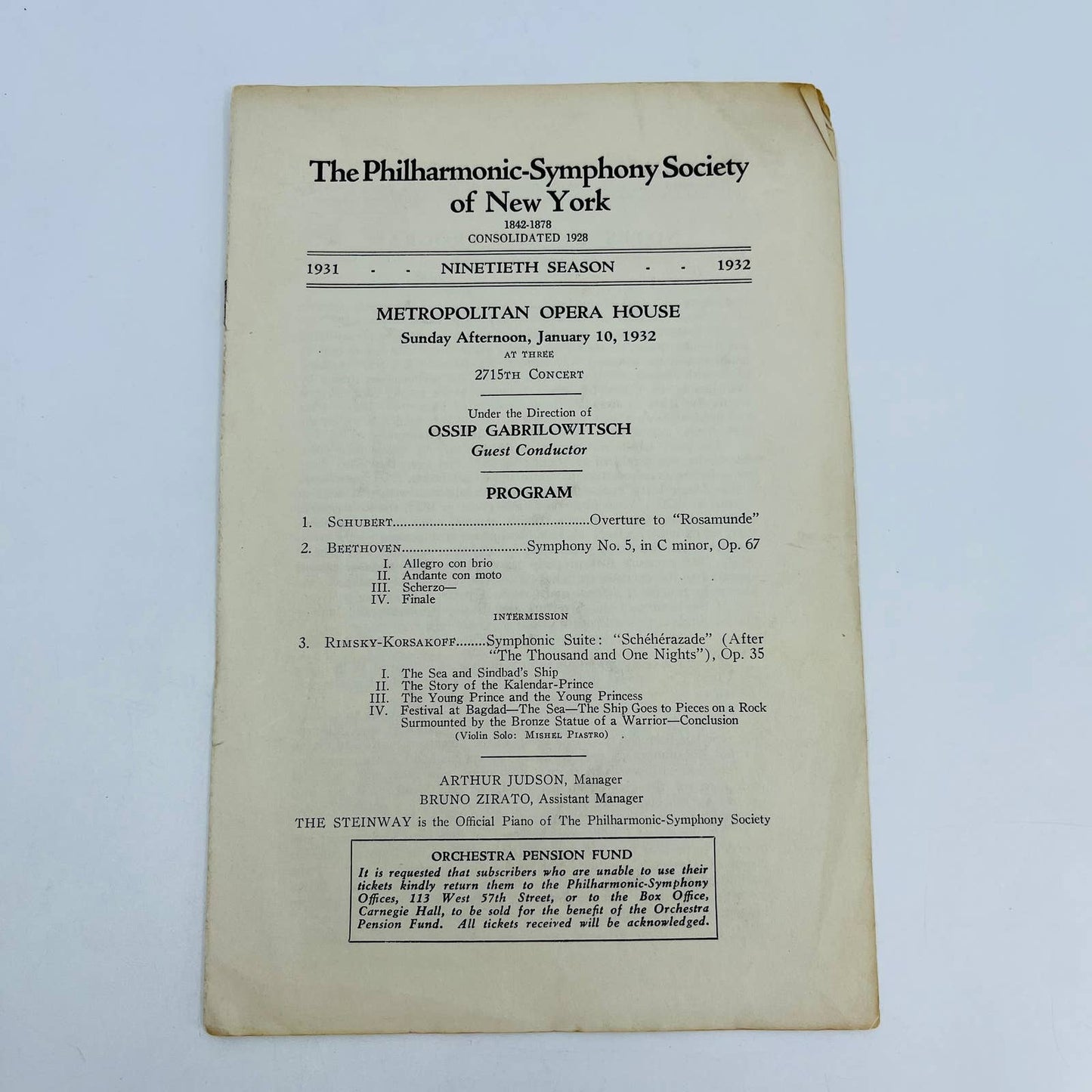 1931 January Philharmonic Symphony New York Program Metropolitan Opera House D4