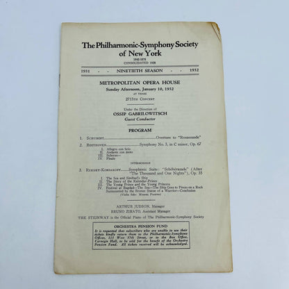 1931 January Philharmonic Symphony New York Program Metropolitan Opera House D4