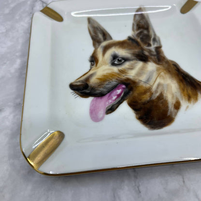 Ucagco Porcelain Hand Painted German Shepherd Ashtray 7" with Gold Trim TJ3-2