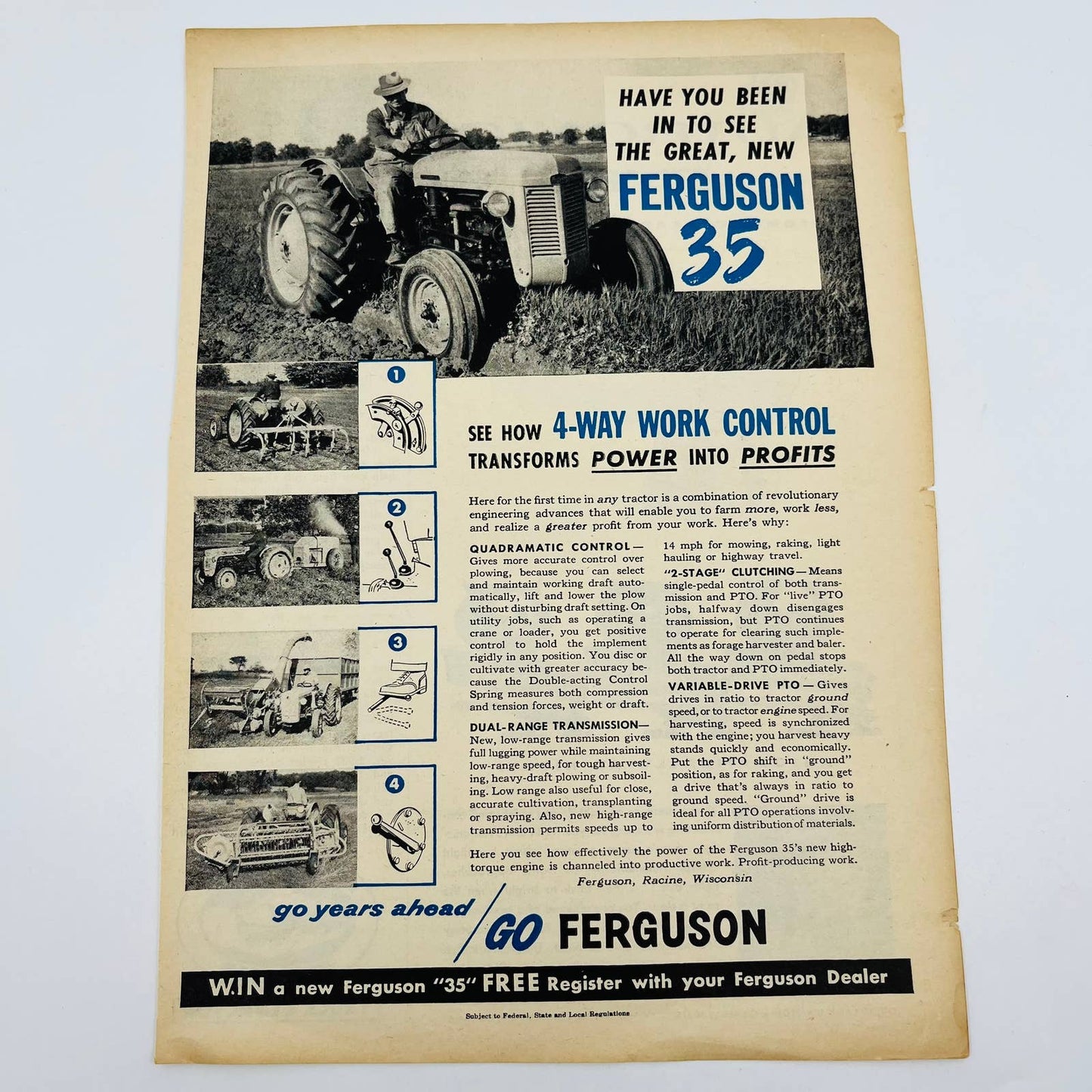 Vintage Advertisement FERGUSON 35 Tractor 4-Way Work Control Farmer Riding AA1