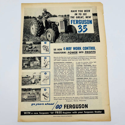 Vintage Advertisement FERGUSON 35 Tractor 4-Way Work Control Farmer Riding AA1