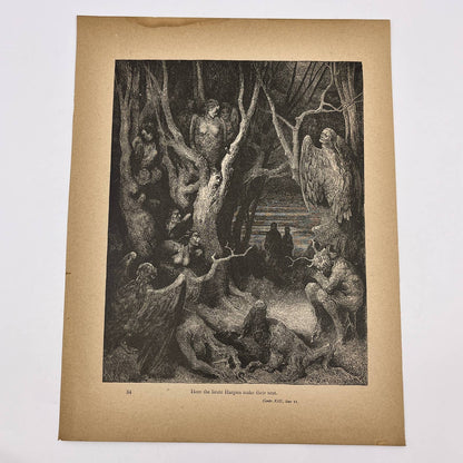 Original 1880s Gustave Dore Engraving Divine Comedy Harpies make their nest FL4