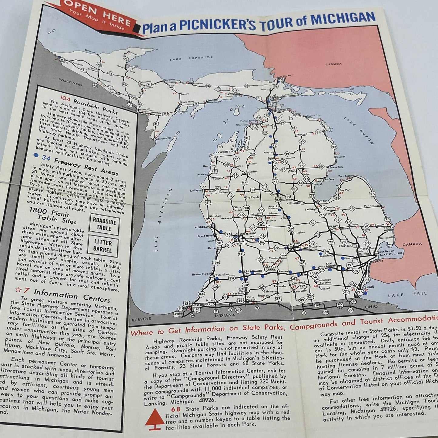 1960s Picnicker's Map of Michigan Roadside Parks & Freeway Rest Areas AC1