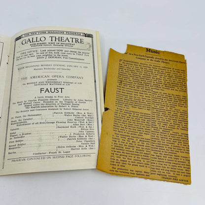 1928 Gallo Theatre American Opera Co. FAUST Program w/ News Clipping TD6