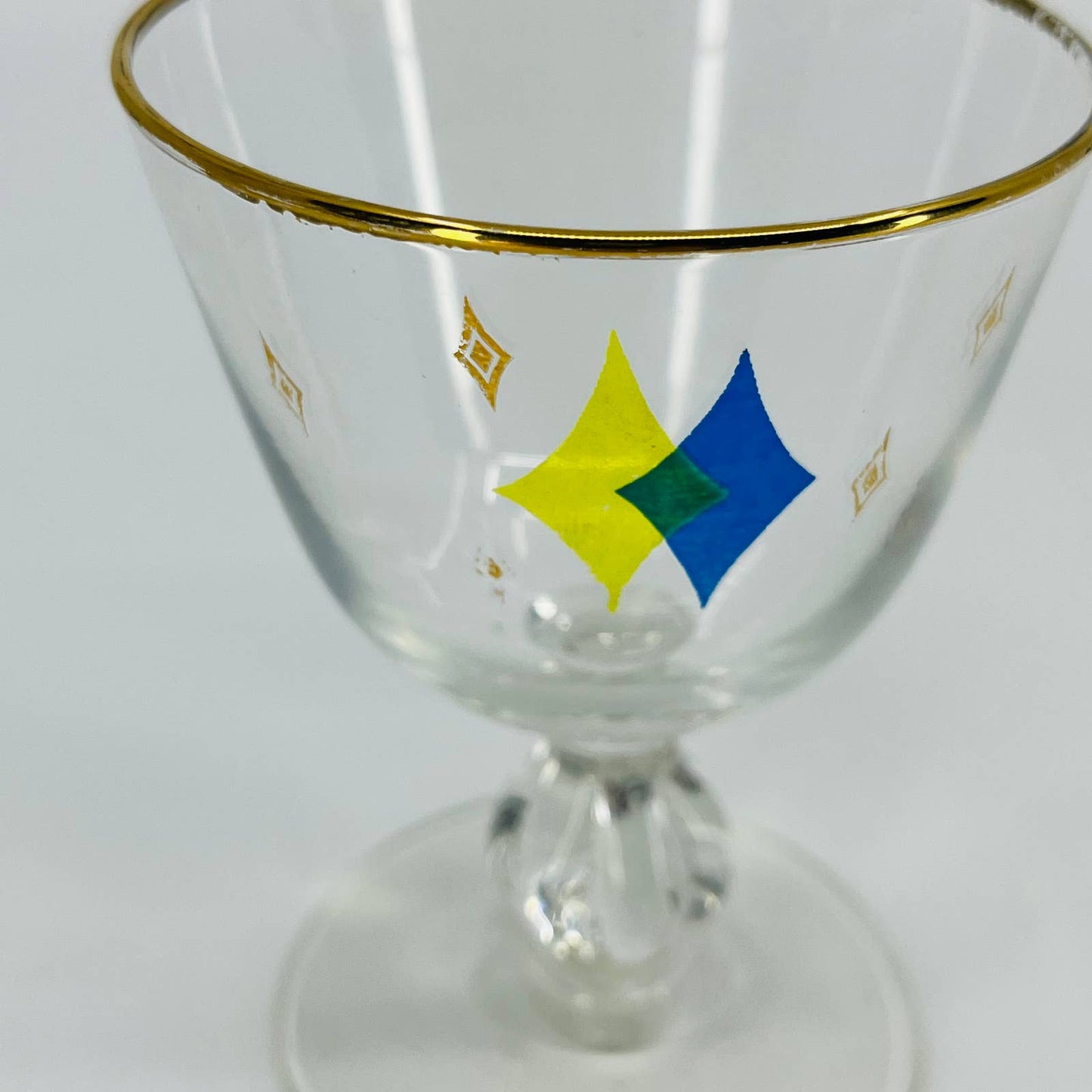 1950s Libbey Atomic Diamond Cordial Champagne Glass Yellow/Blue TD9