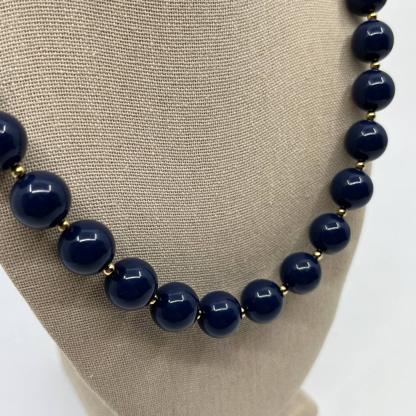 Vintage Signed MONET Blue and Gd Lucite Graduated Bead Necklace 28" SD5