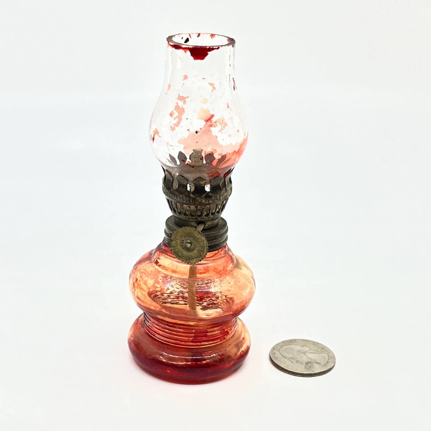 Vintage Mini Red and Clear Glass Kerosene Oil Lamp 4.5" TC7