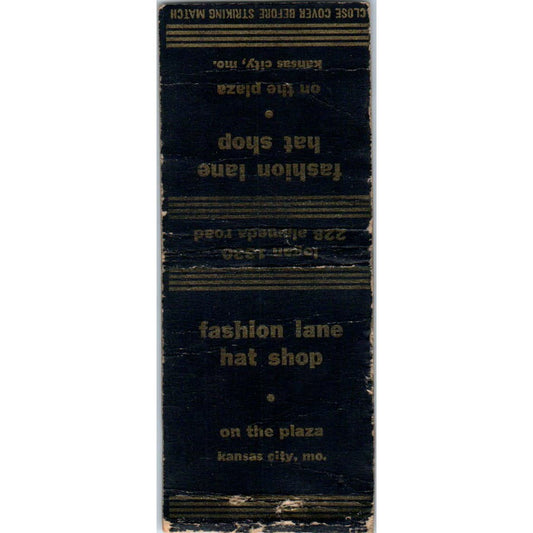 Fashion Lane Hat Shop Kansas City MO Advertising Matchbook Cover SA9-M3