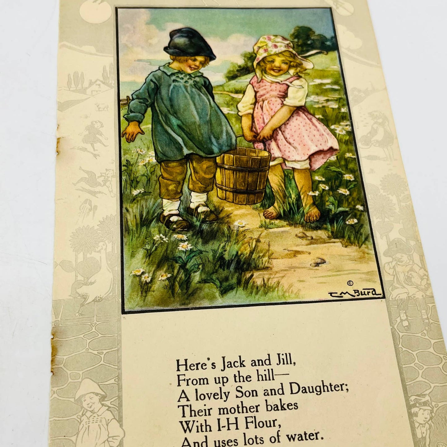 Antique c1900 Set of 4 Double Side Children Nursery Rhyme Lithograph CM Burd C7