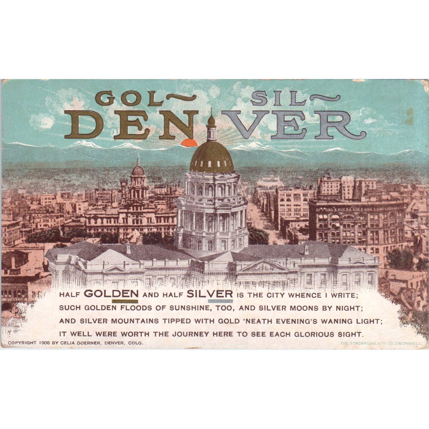 Denver Colorado Golden Silver Motto Verse Capitol c1910 Original Postcard TK1-30