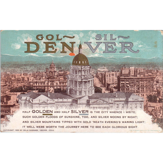 Denver Colorado Golden Silver Motto Verse Capitol c1910 Original Postcard P2-6