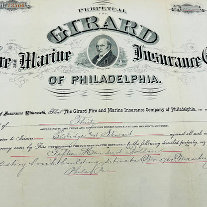 1890 Engraved Policy Girard Fire & Marine  Insurance Company Philadelphia PA AA5