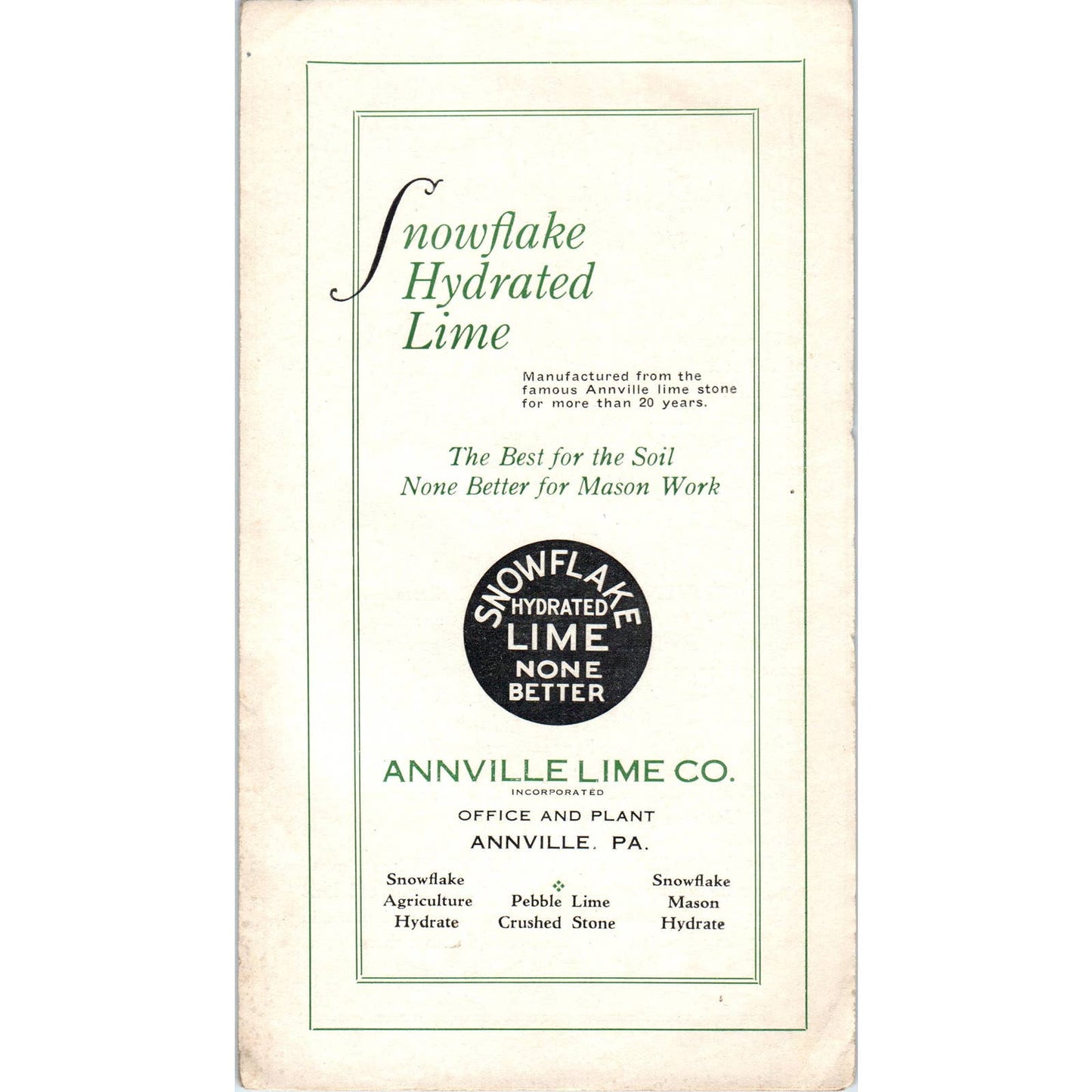 Vintage Advertising Brochure Snowflake Hydrated Lime Annville Lime Co PA SE5