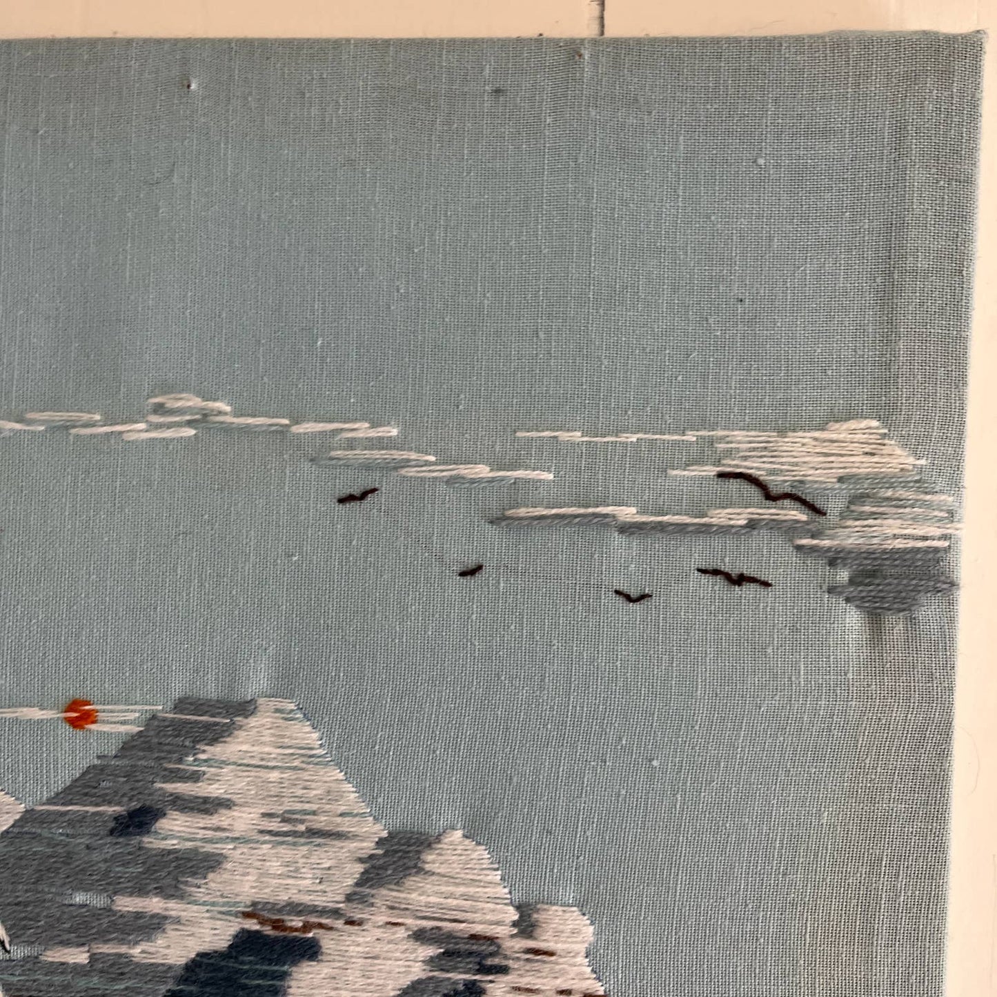 Vintage Embroidery Crewel Wall Art Winter Ski Chalet Mountains Snow 23x17"