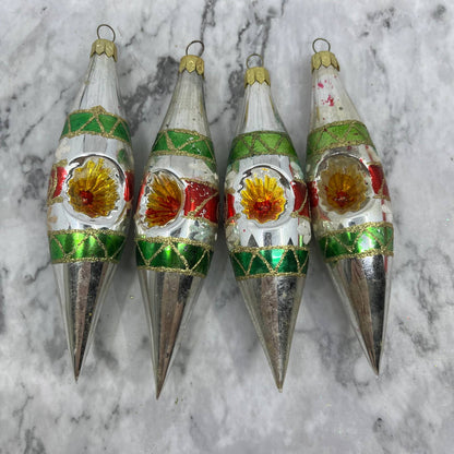 Lot of 4 VTG Recessed Teardrop Mica Stencil Blown Mercury Glass Ornaments OT2