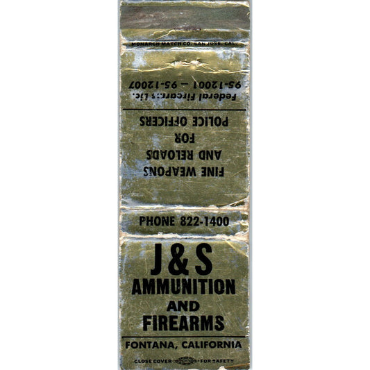 J & S Ammunition & Firearms Fontana CA Advertising Matchbook Cover MM9-9