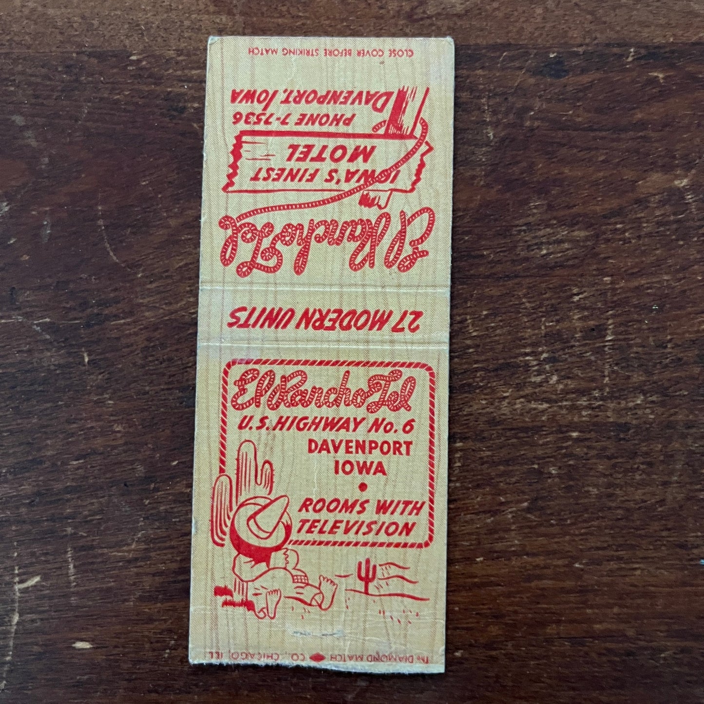 El Rancho Lel Motel Davenport Iowa Advertising Matchbook Cover MM11-6