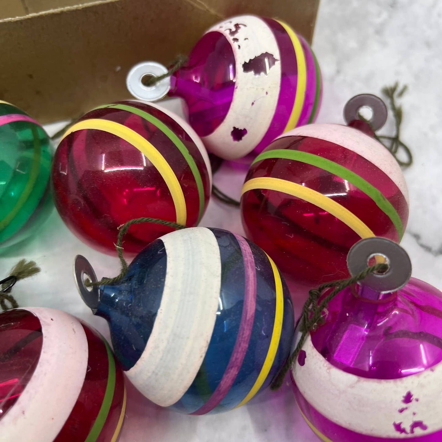 RARE WWII Era Unsilvered SHINY BRITE Striped Glass Ball Ornaments Lot of 11