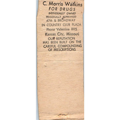 C. Morris Watkins Pharmacist Kansas City MO Advertising Matchbook Cover SA9-M5