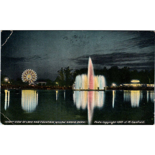Willow Grove Park Lake/Fountain at Night 1907 - Original Postcard TJ9-P1