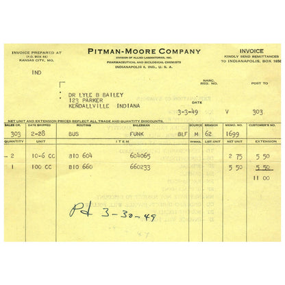 1949 Pitman-Moore Co Veterinary Anti Hog Cholera Receipt Indianapolis IN AD8-3