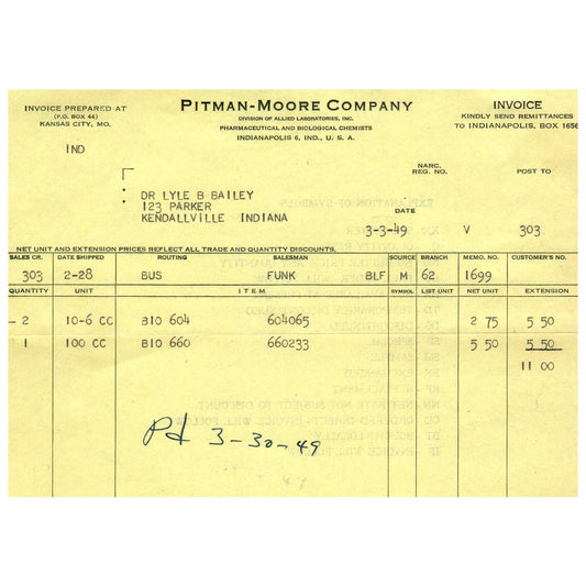 1949 Pitman-Moore Co Veterinary Anti Hog Cholera Receipt Indianapolis IN AD8-3