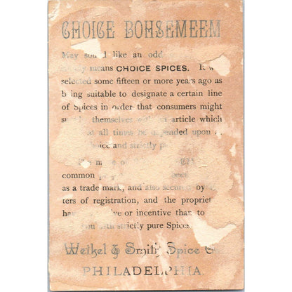 1880s Victorian Trade Card Choice Bohsemeem Spices Weikel & Smith Spice Co SF2-5