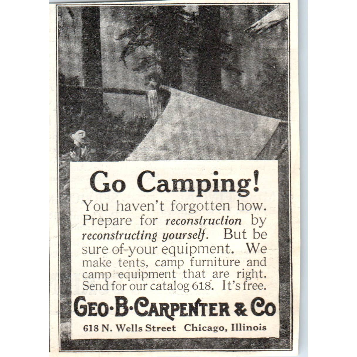 c1920 Harper's Magazine Ad - Geo. B. Carpenter Camping Equipment Chicago IL EA3