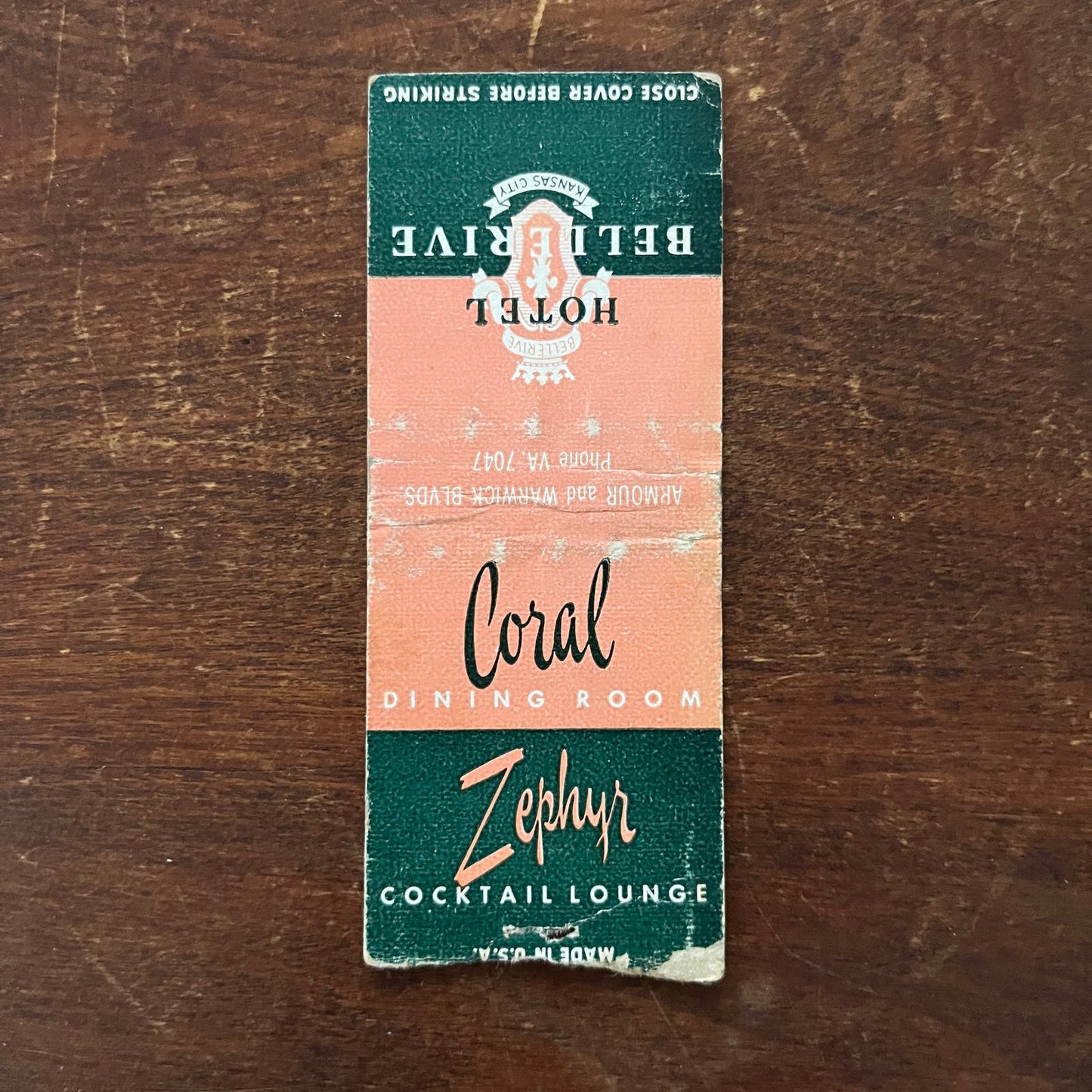 Hotel Bellerive Coral, Zephyr Room Kansas City MO Advertising Matchbook SB3-M5