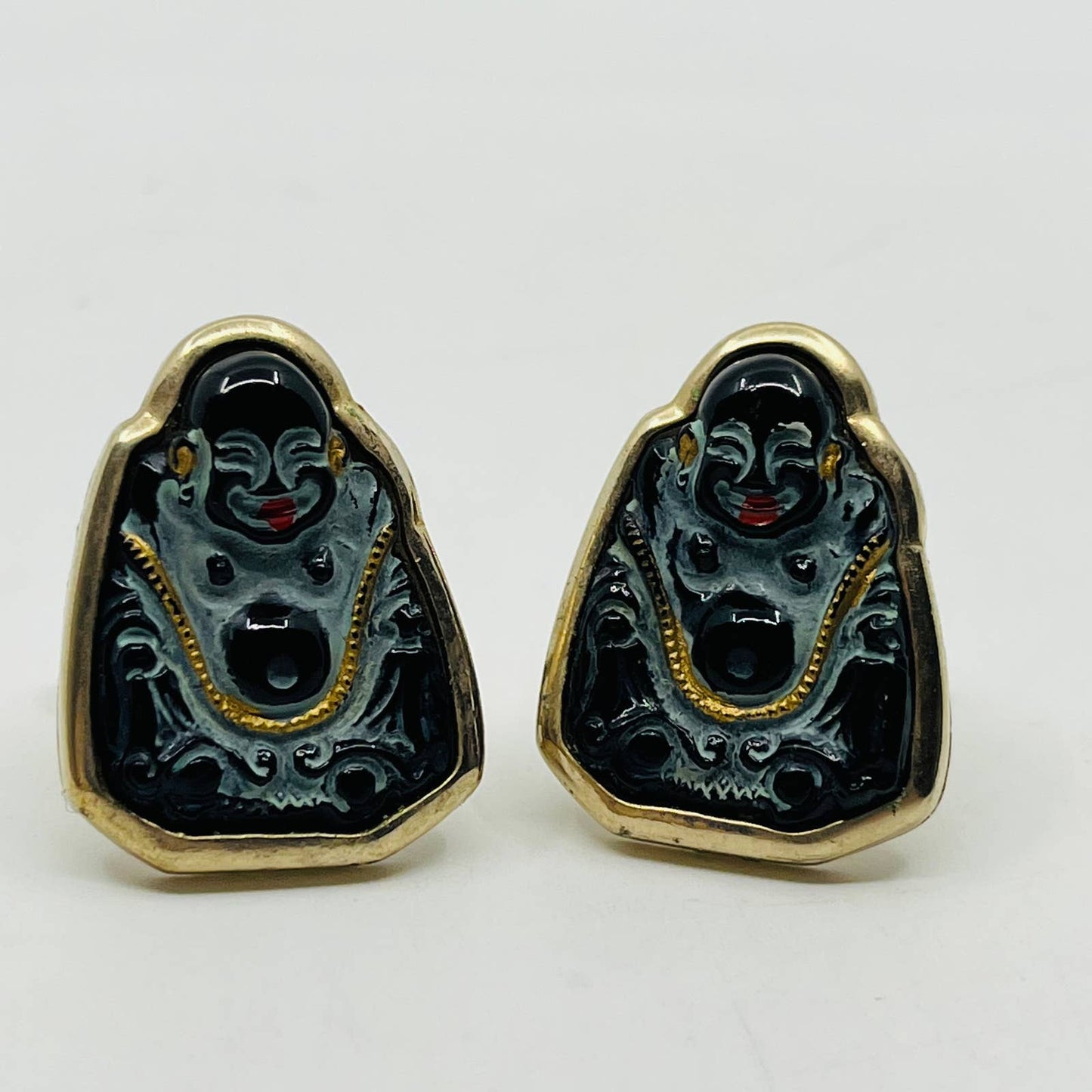 Vintage Shields Gold Tone Enamel Hand Painted Buddah Cufflinks SB8