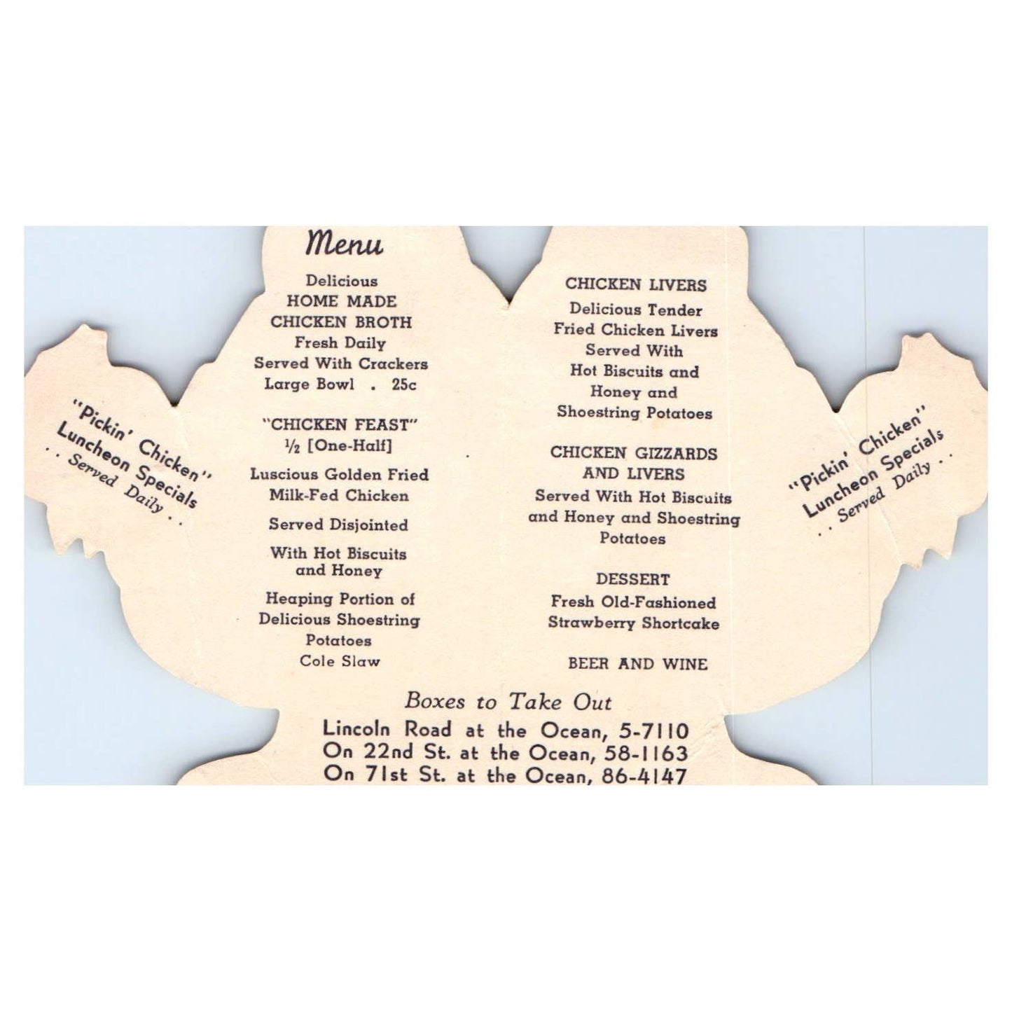 1940s Picken' Chicken Menu Foldable Die Cut Hen Miami FL Luncheon TJ8-1