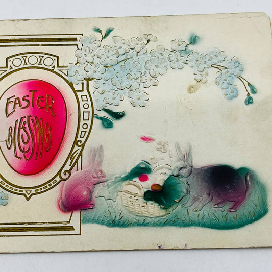 1910s Easter Post Card Embossed Airbrushed Bunny Rabbits Egg Art Deco Gilt PA5