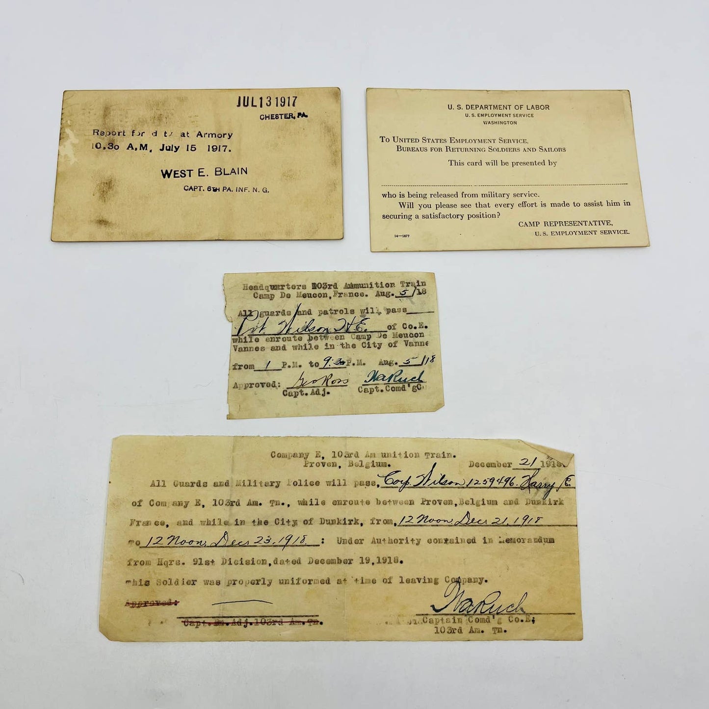 1917 WWI 28th Division 103rd Amm. Documents Corp. Harry E. Wilson Lot of 12 SC2