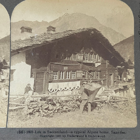 Life in Switzerland - Alpine Home Saas-fee 1901 Antique Stereoview Card H2-2