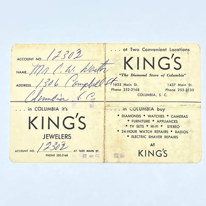 1961 King’s Jewelers Billhead Receipt The Diamond Store of Columbia SC AC3