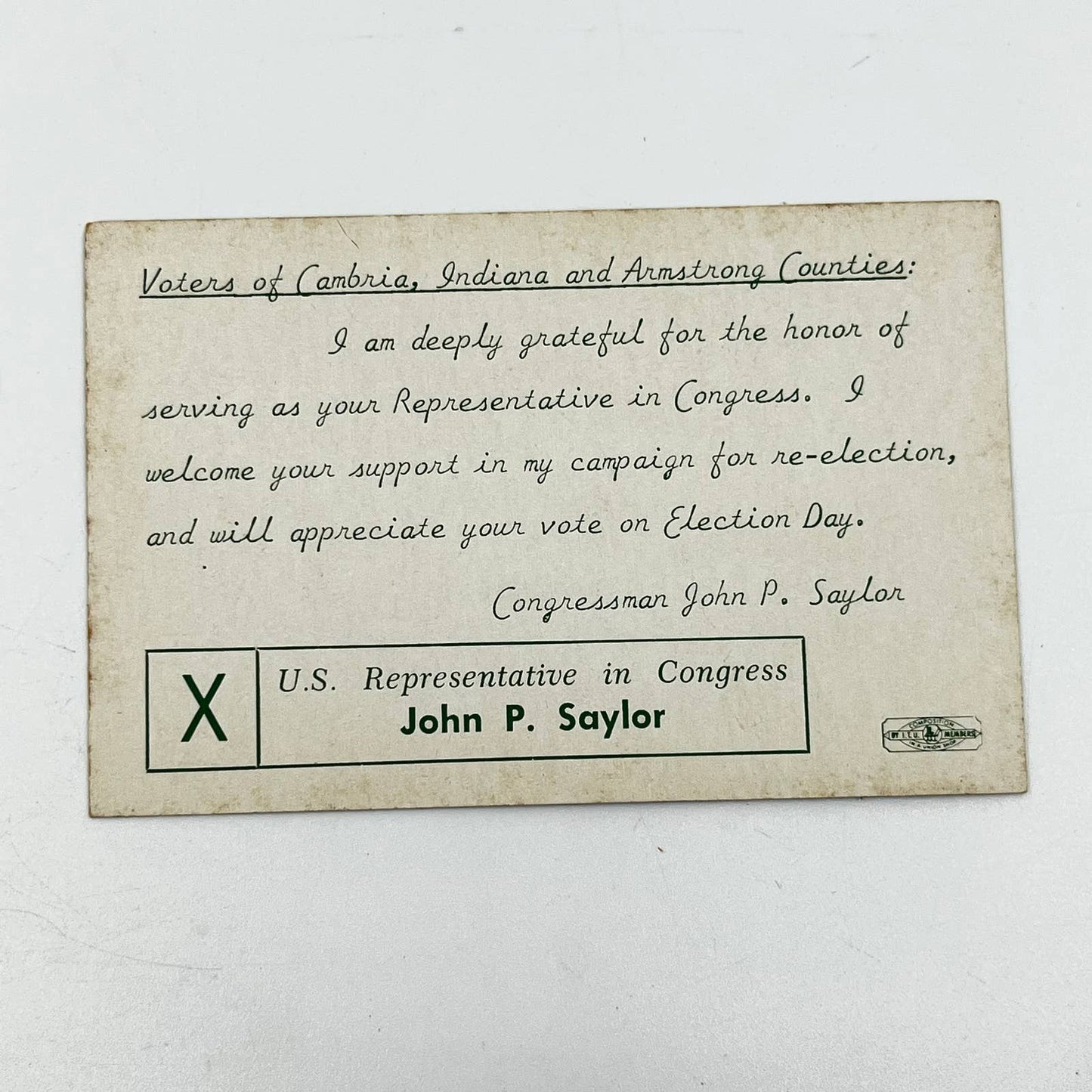1950s Political Ad Card John P. Saylor for Congress Republican Somerset PA D6-2