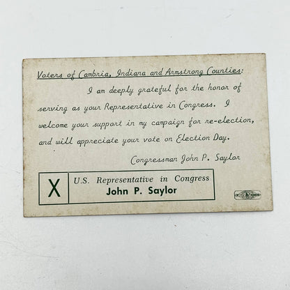 1950s Political Ad Card John P. Saylor for Congress Republican Somerset PA D6-2