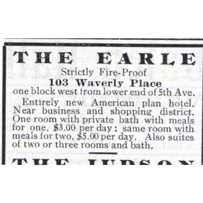The Earle & The Judson Hotels Manhattan NY James Knott - 1903 Original Ad TJ7-S9