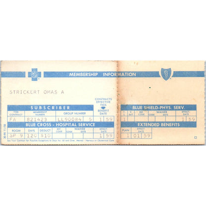 1958 Blue Cross Topeka KS Member Card Omas A. Strickert SE4