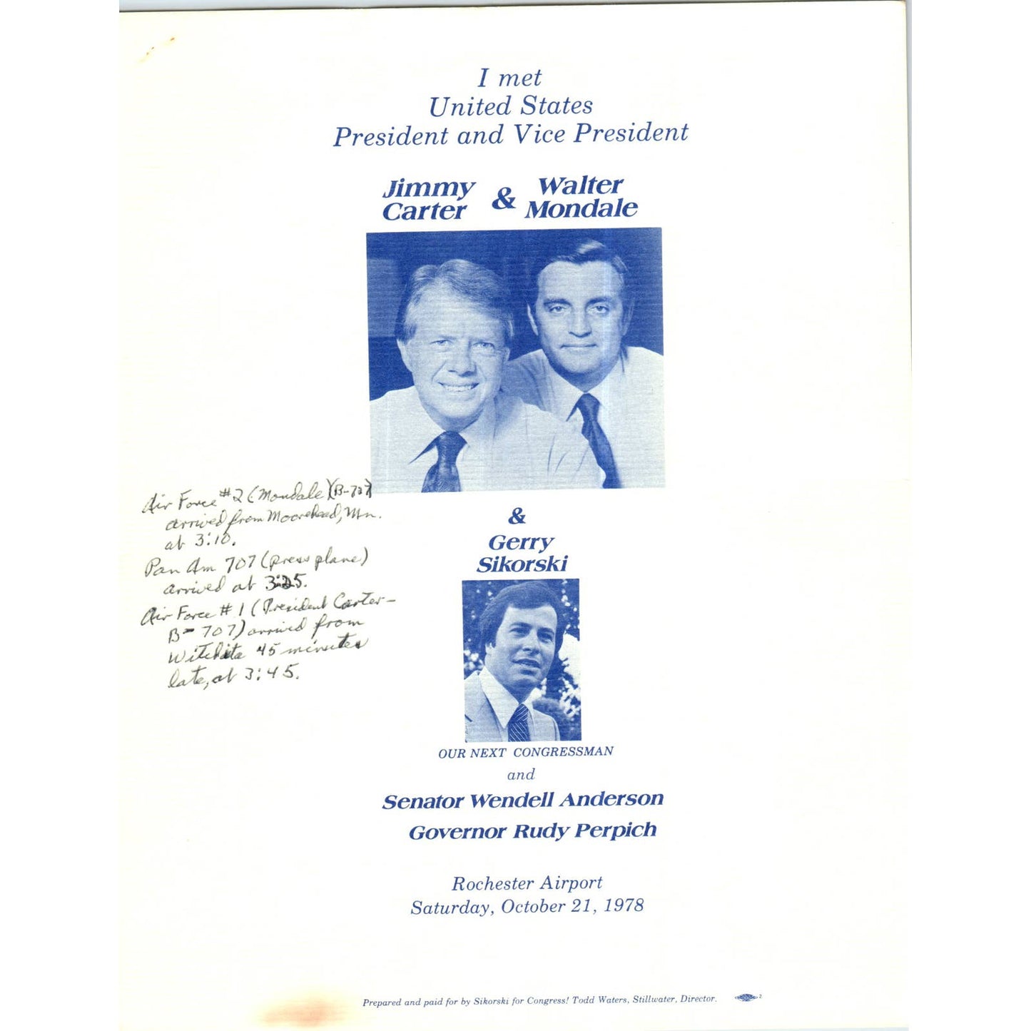 1978 Political Leaflet Gerry Sikorski Wendell Anderson Rudy Perpich MN TK1-P11