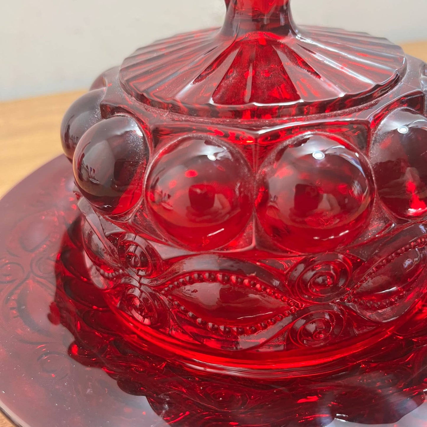 Vintage MOSSER Eyewinker Ruby Red Glass BUTTER BELL Covered Dish MINT 8” TB2