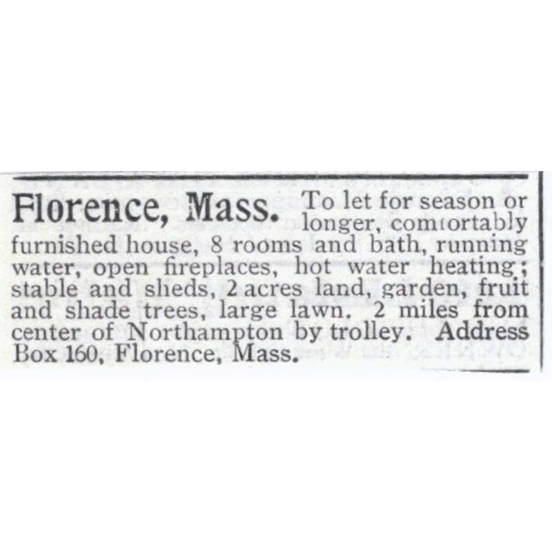 Florence Mass Home for Rent Northampton - 1903 Original Ad TJ8-7-8