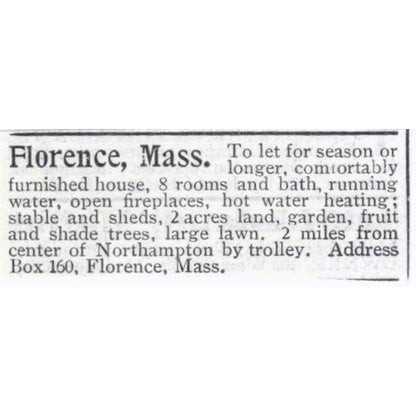 Florence Mass Home for Rent Northampton - 1903 Original Ad TJ8-7-8