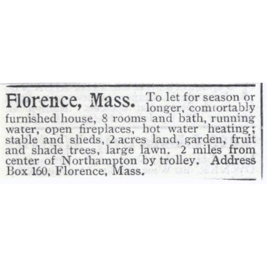Florence Mass Home for Rent Northampton - 1903 Original Ad TJ8-7-8