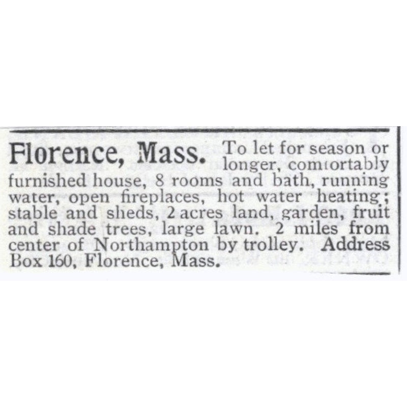 Florence Mass Home for Rent Northampton - 1903 Original Ad AK5-S33