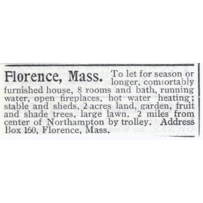 Florence Mass Home for Rent Northampton - 1903 Original Ad AK5-S33